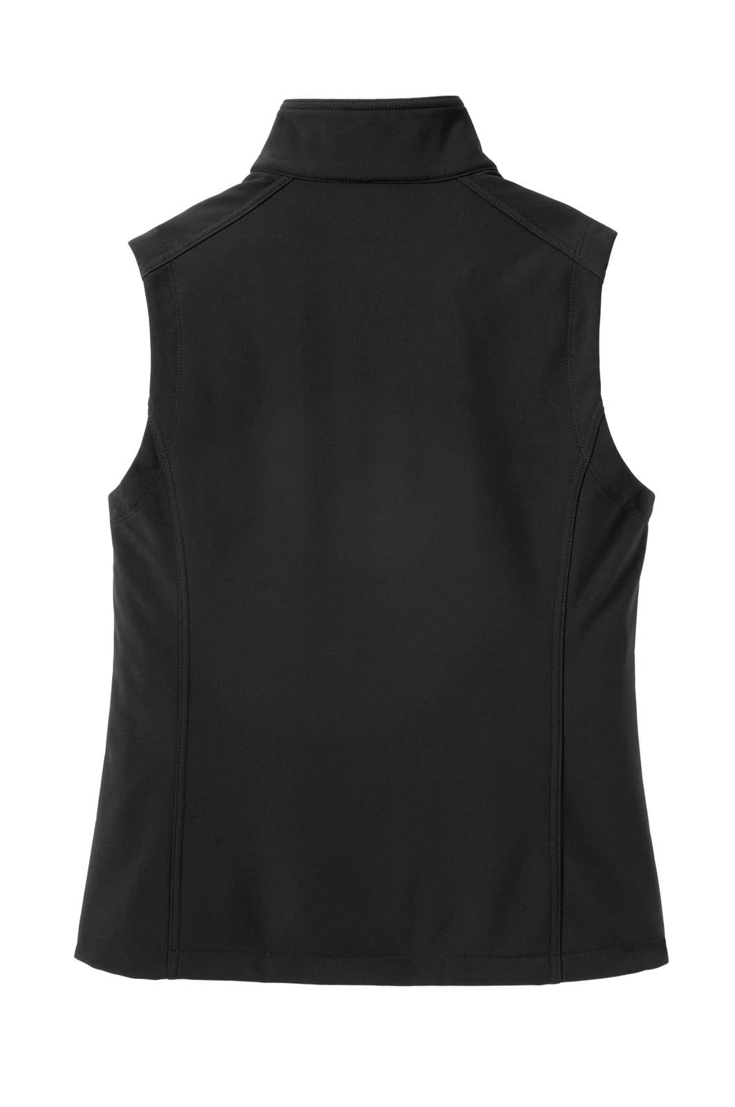 A black soft shell vest with a high collar and no sleeves, featuring a smooth back design and a logo.
