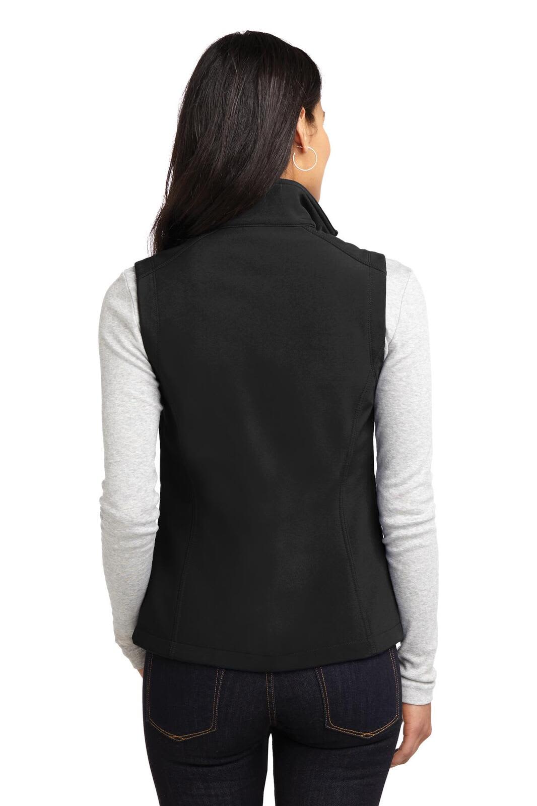 A black soft shell vest designed for women, featuring a tailored fit and a collar. Includes a logo on the back.