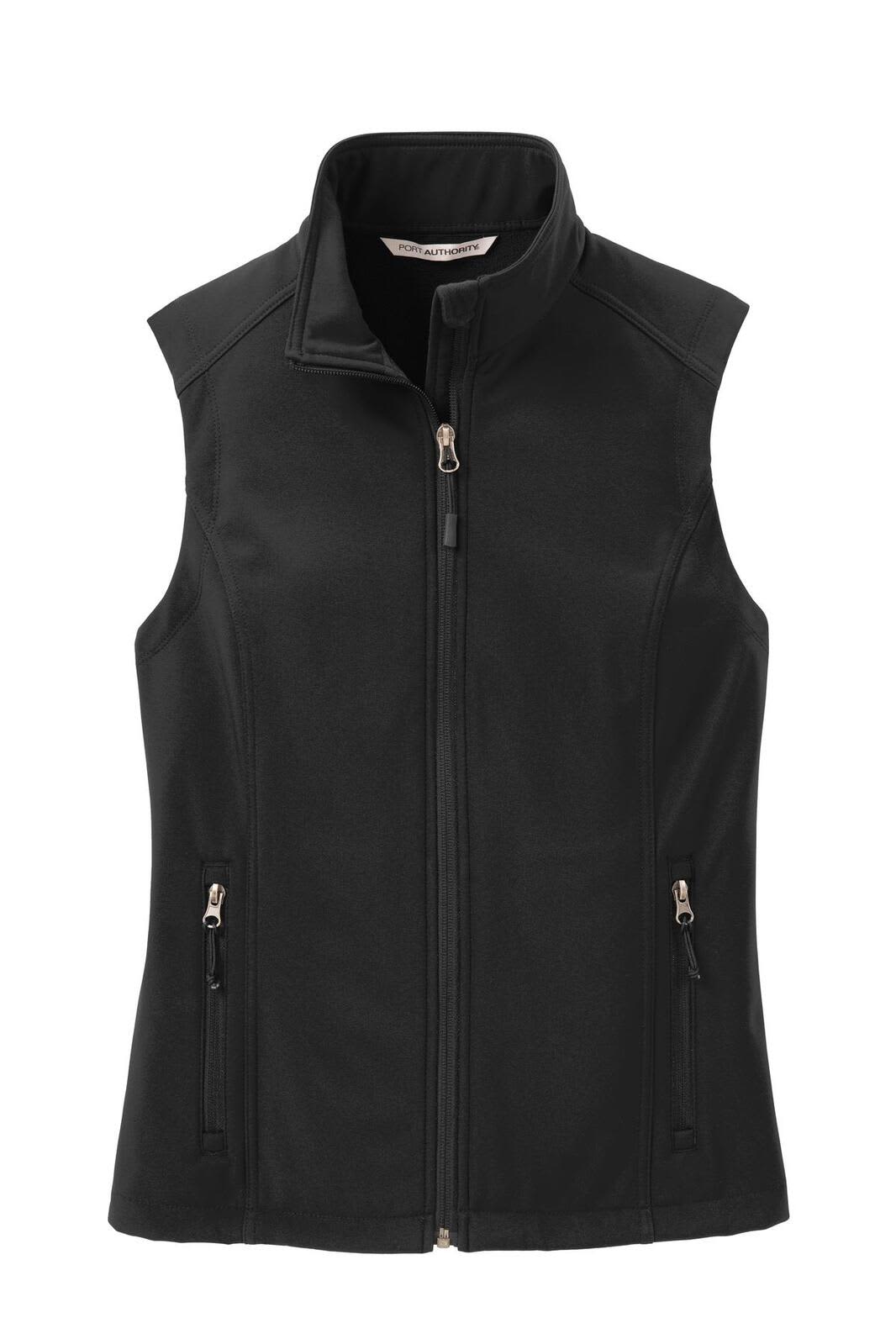 A black soft shell vest featuring a high collar and zippered pockets, with branding displayed.