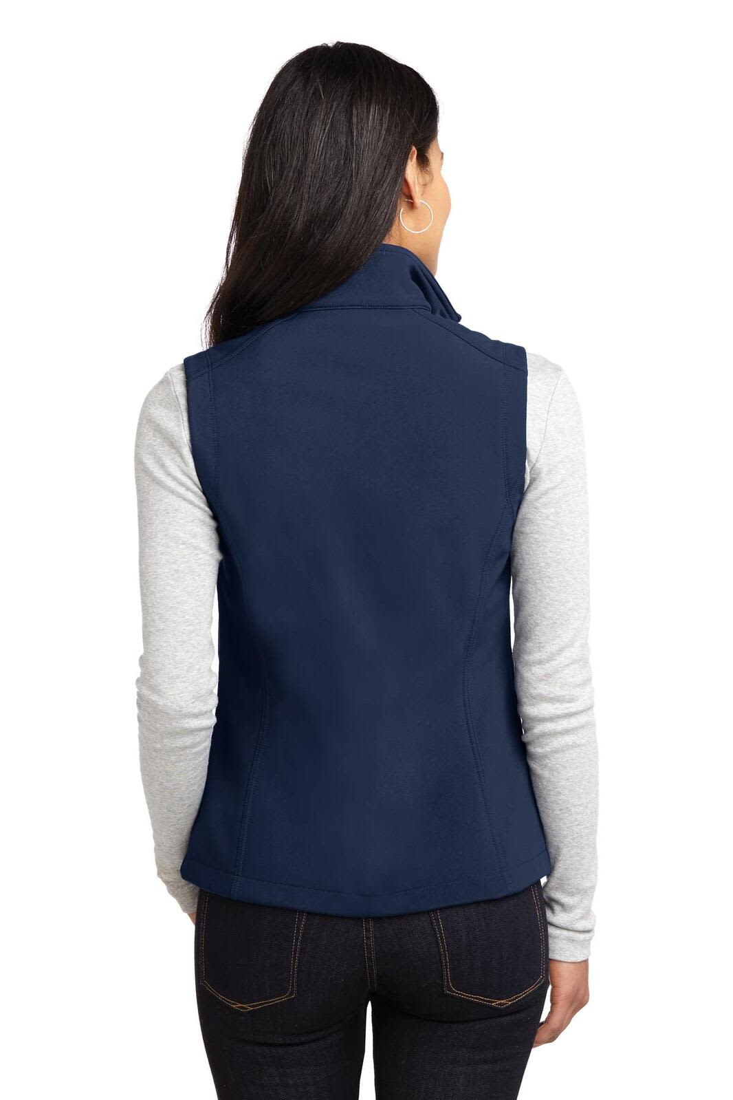 A navy soft shell vest featuring a high collar and a fitted silhouette, with a visible logo on the back.