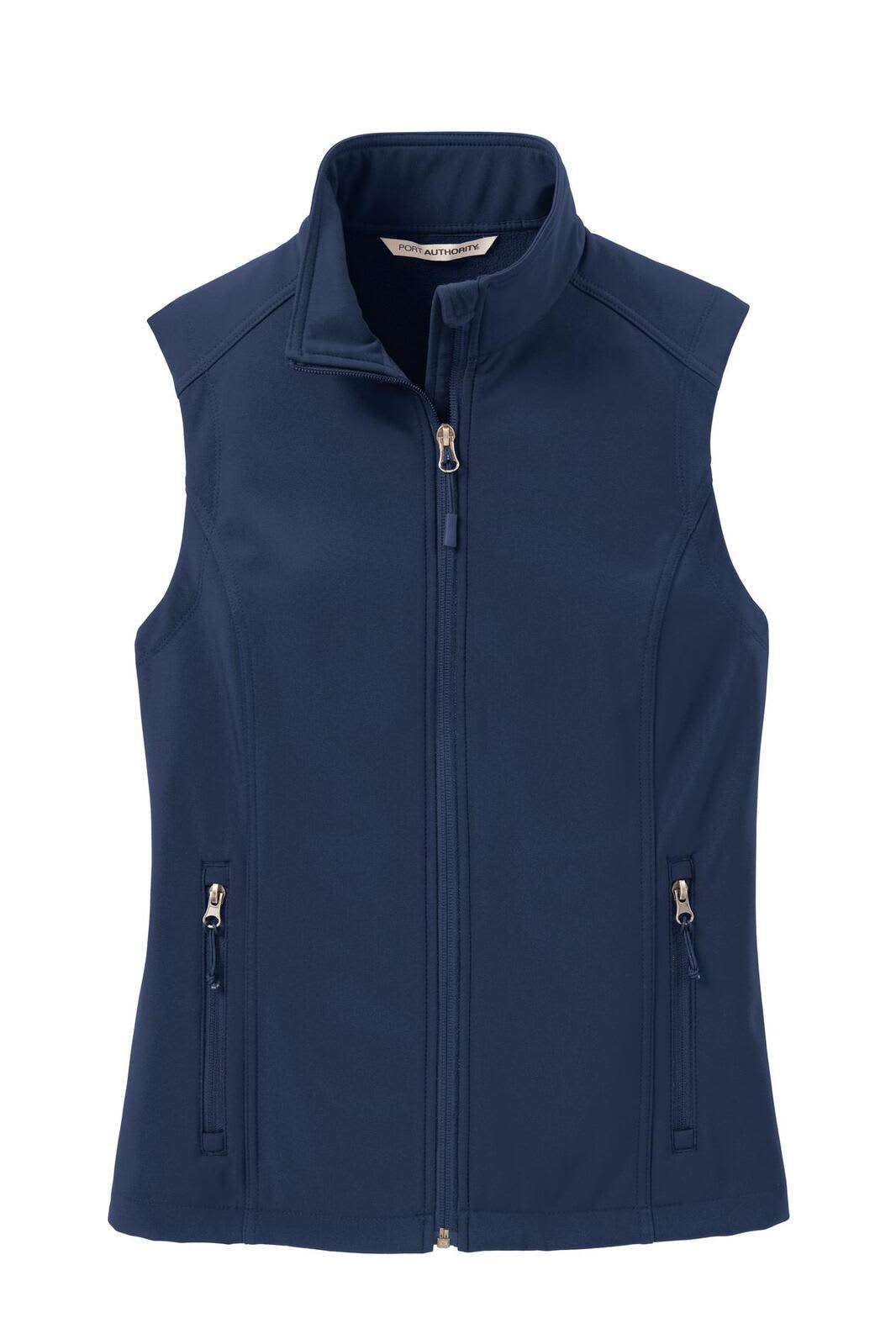 A navy soft shell vest with a zip front, featuring two zippered pockets and a stand-up collar. It has a logo on it.