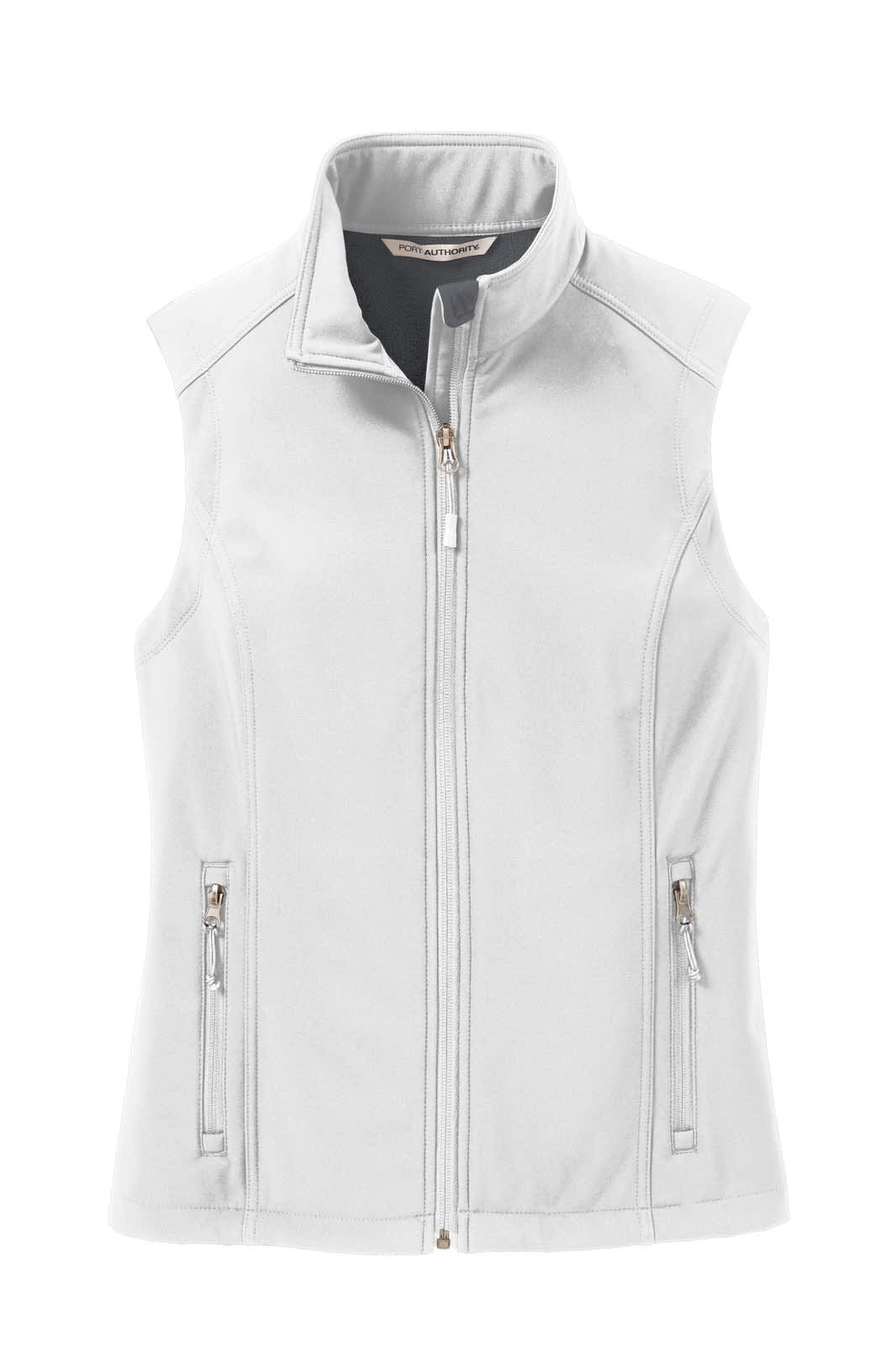 A white soft shell ladies vest with a zip front, side pockets, and a branded logo on the front.
