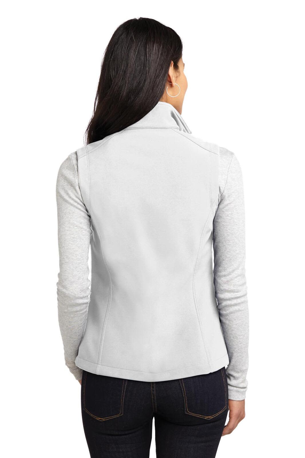 A light grey ladies' soft shell vest viewed from the back, featuring a collar and a fitted design.