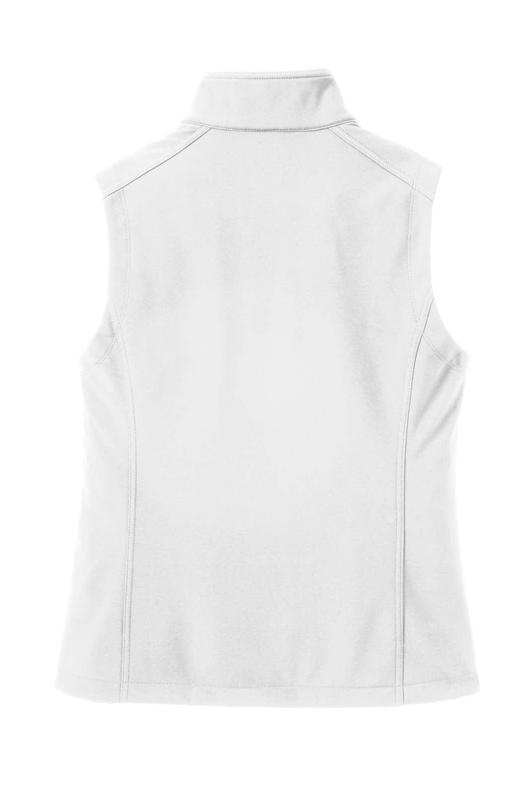 A white, sleeveless soft shell vest with a collar and a logo on the back. Suitable for layering.
