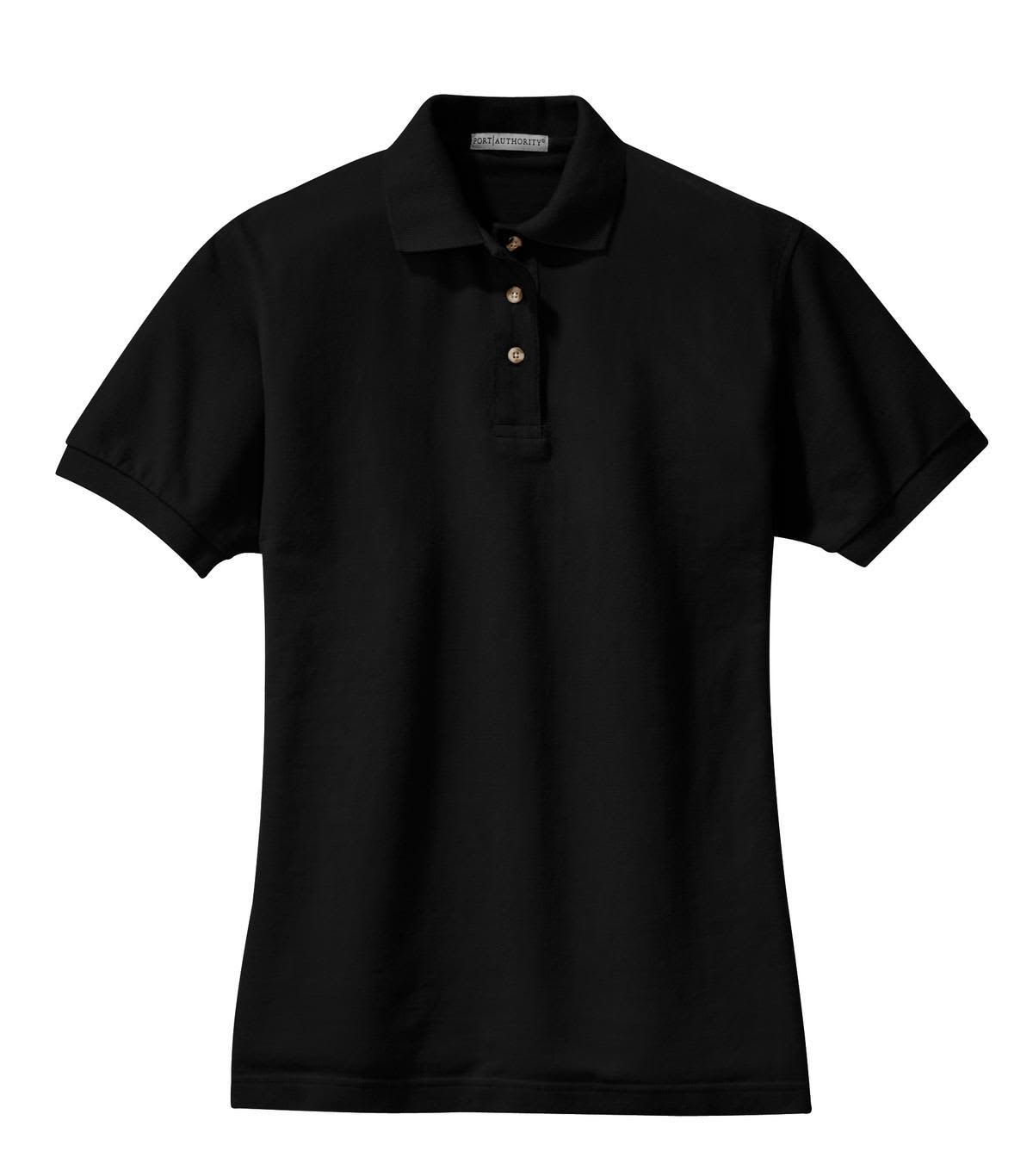 A black ladies' heavyweight cotton pique polo shirt featuring a collar and button placket, with a logo present.