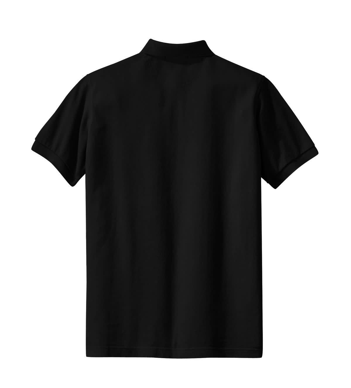 A black Polo shirt with a collar and short sleeves, featuring a branding logo.