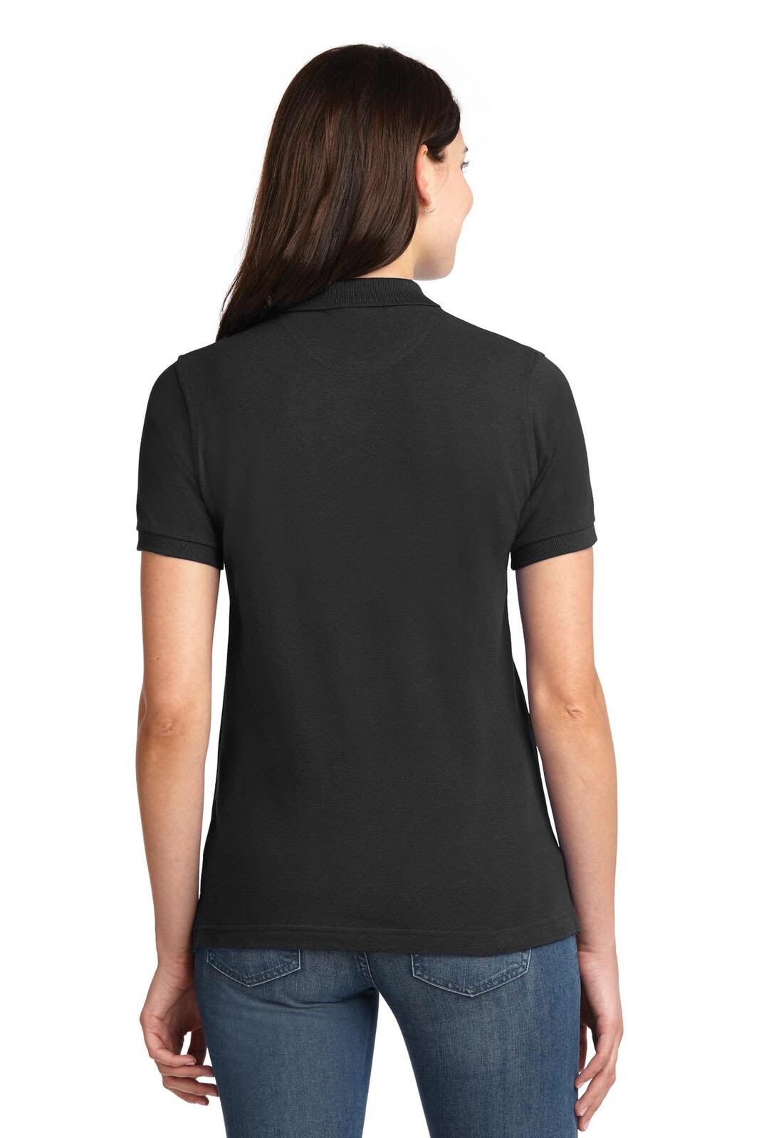 A black ladies' polo shirt with a classic fit, featuring short sleeves and a back view. It has a logo on it.