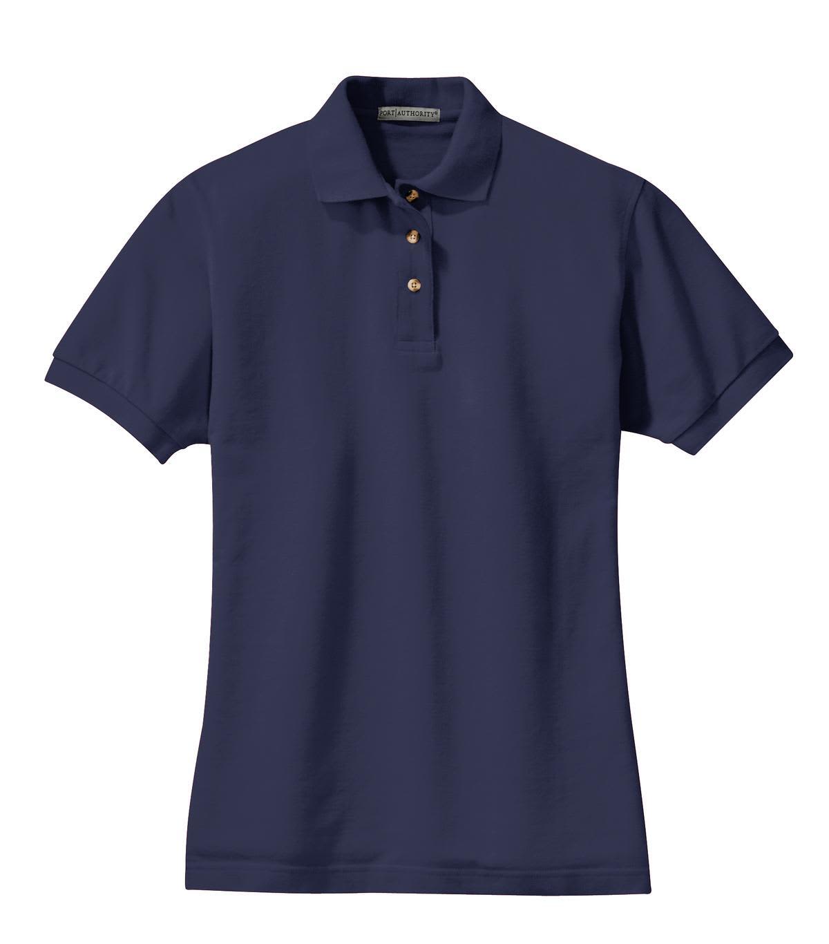 A navy blue polo shirt for women made of heavyweight cotton pique, featuring a collar and button placket.