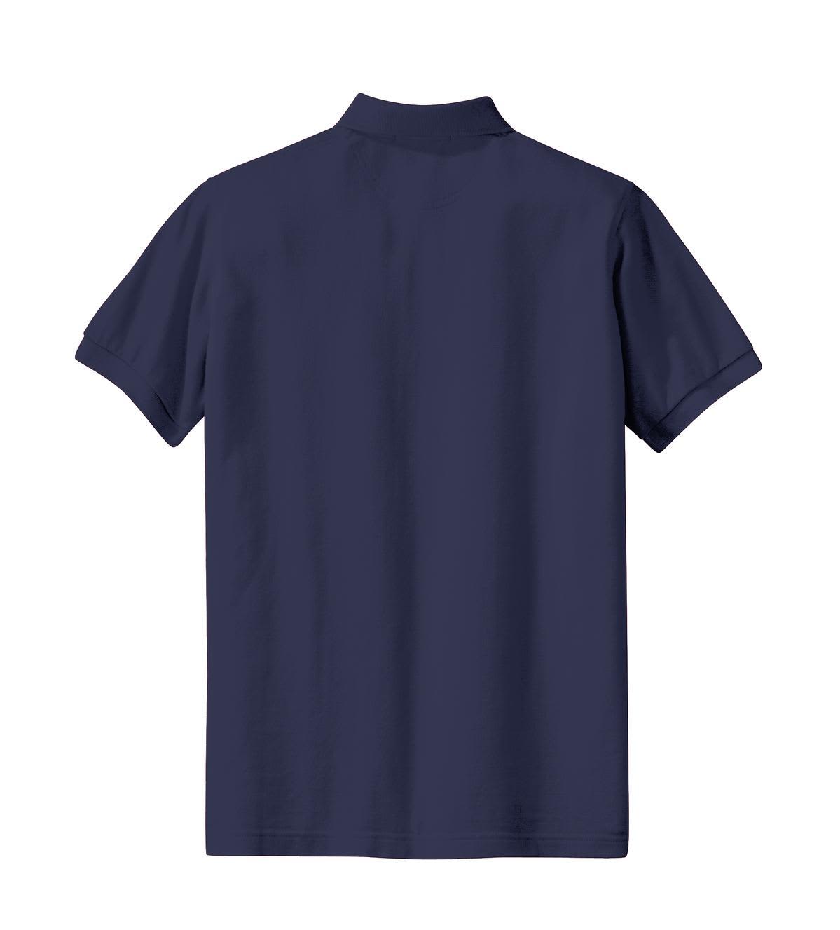 A navy blue ladies' heavyweight cotton pique polo shirt featuring a simple design and a logo on the back.