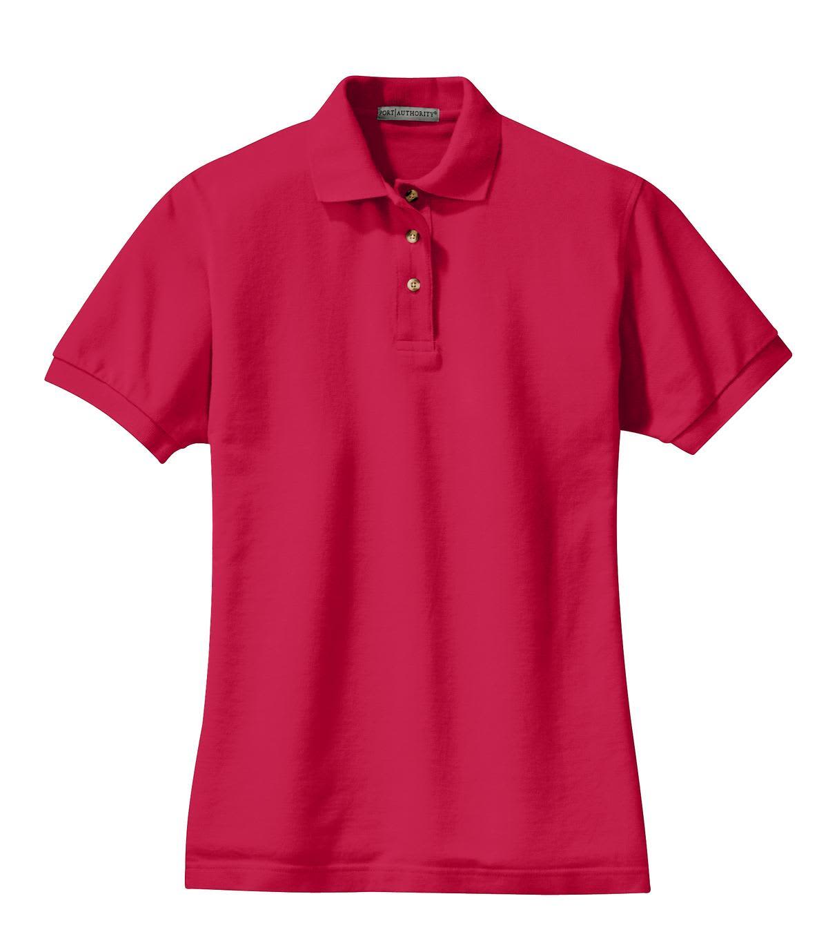 A red polo shirt with a collar, short sleeves, and a three-button placket, featuring a logo.