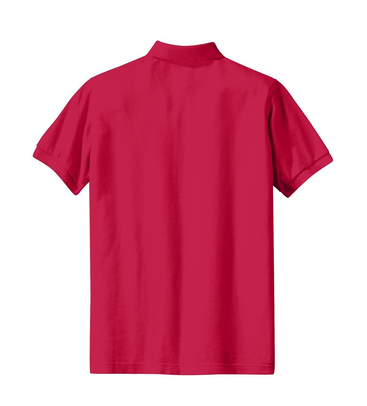 A red polo shirt with a collar and short sleeves, featuring a logo on the back.