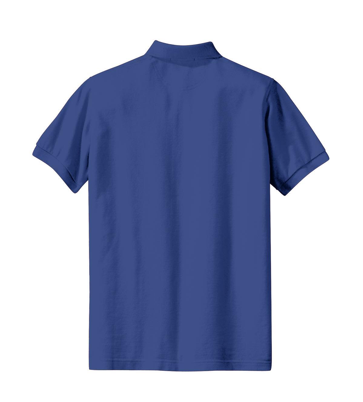 A blue polo shirt featuring short sleeves and a collar, with a logo on the back.