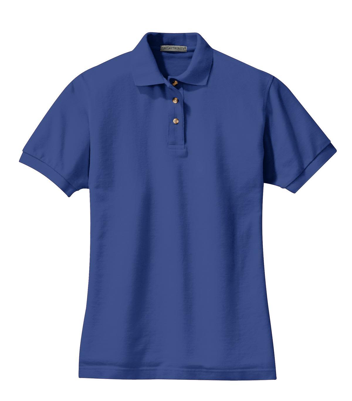 A blue ladies' heavyweight cotton pique polo shirt with a collar and three-button placket. Features a logo.