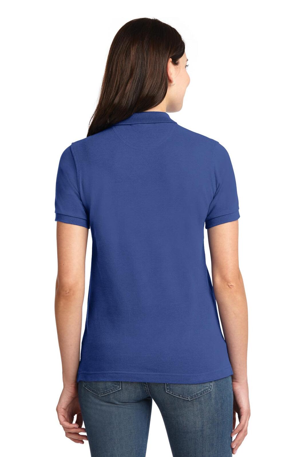 A blue ladies' heavyweight cotton pique polo shirt with a collar and short sleeves, featuring a logo.
