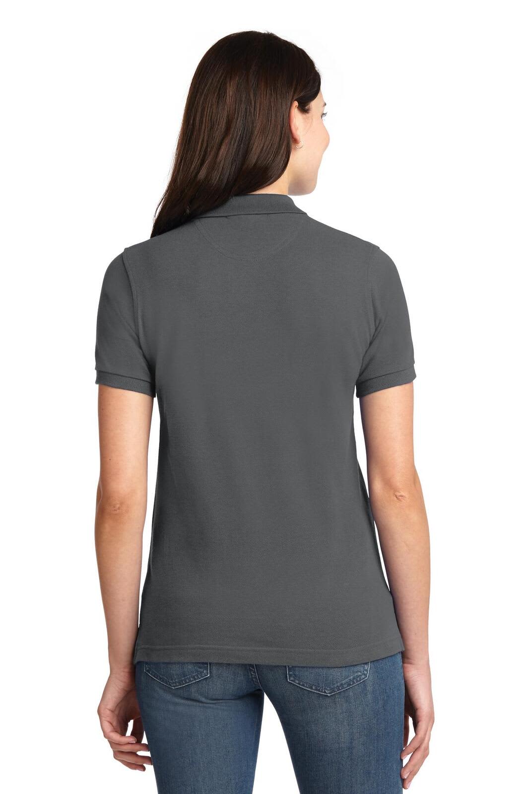 A grey polo shirt for women, featuring a classic design and a logo on the back.