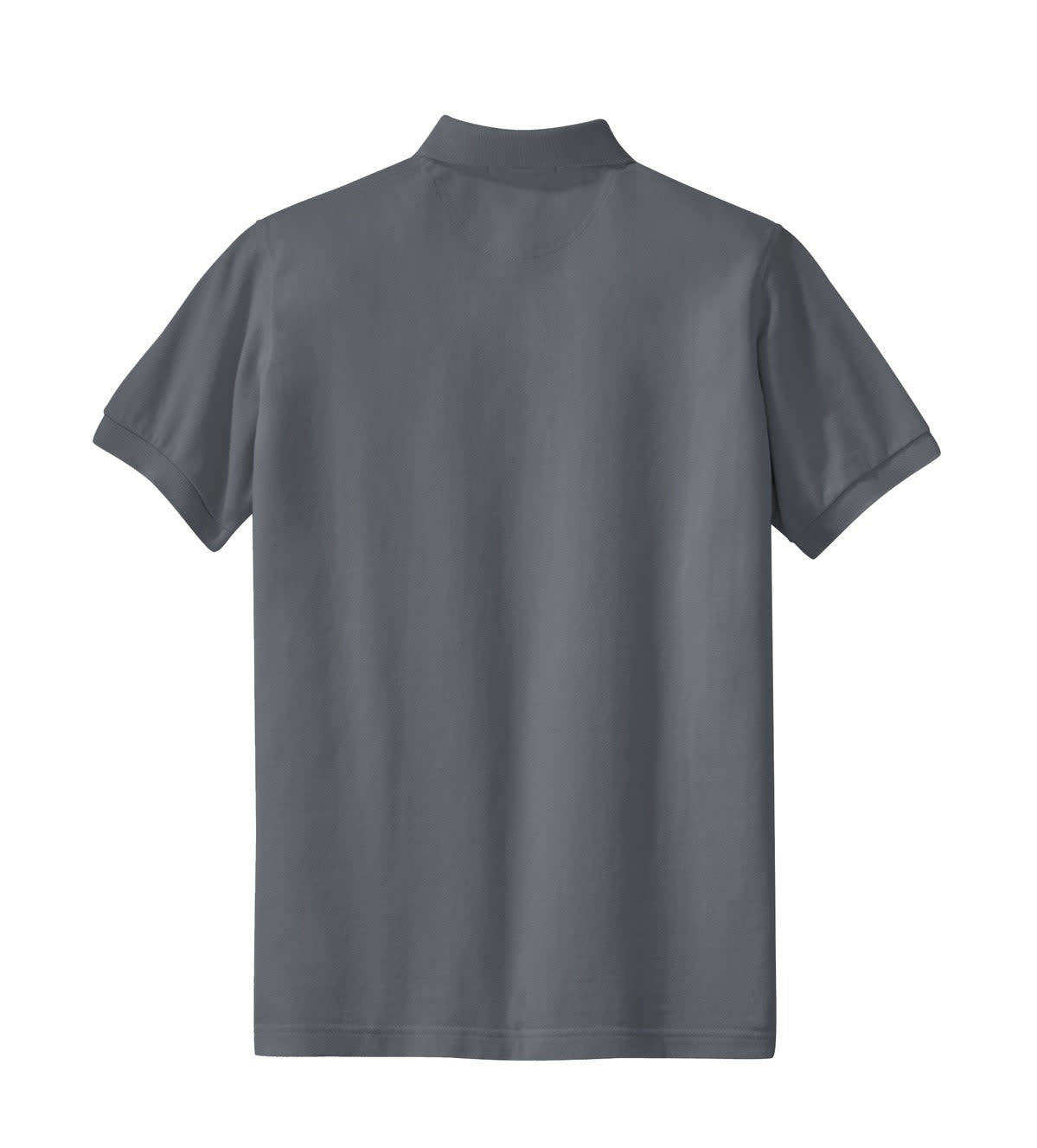 A grey ladies' polo shirt with a collar and short sleeves, featuring a logo on the back.