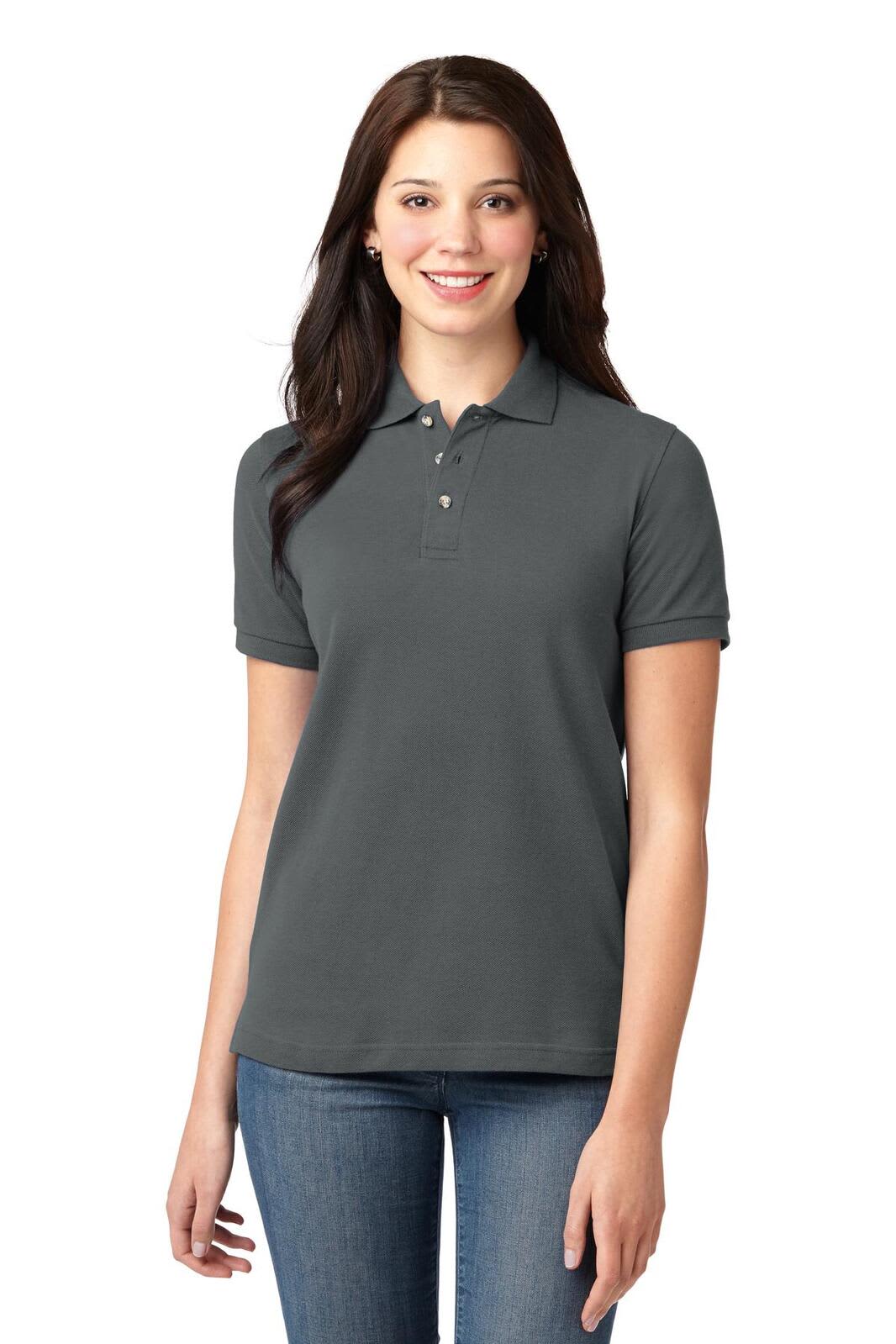 A dark grey ladies' polo shirt with short sleeves, featuring a collar and buttons, worn by a model.