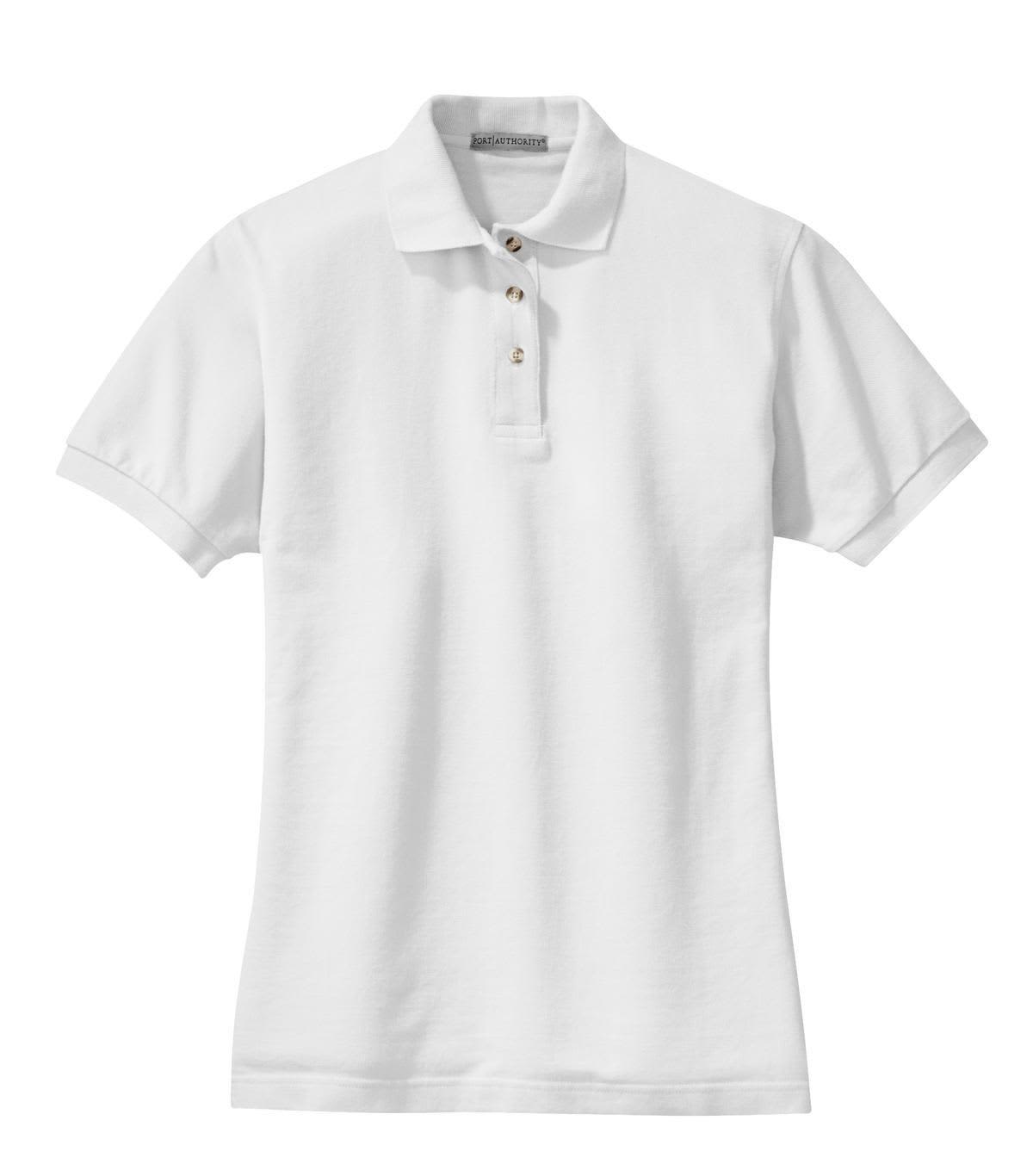 A white ladies' polo shirt featuring a three-button placket and a logo on the chest.