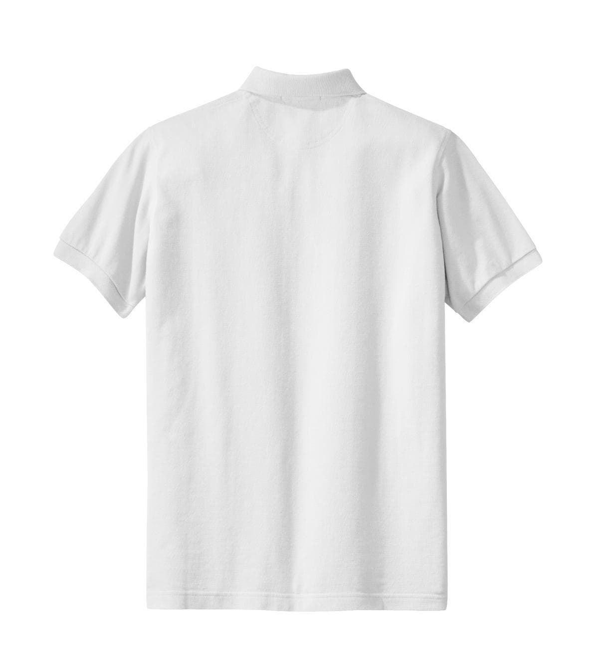 A white women's polo shirt made of heavyweight cotton pique. The shirt features short sleeves and a collar.