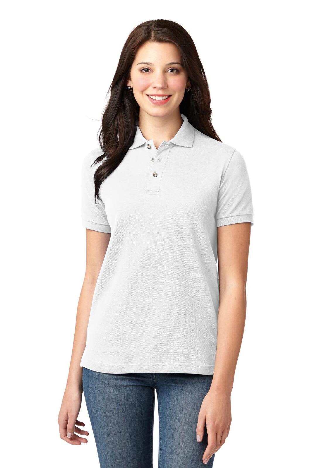A light grey ladies' polo shirt with a collar and short sleeves, featuring a logo on the chest.