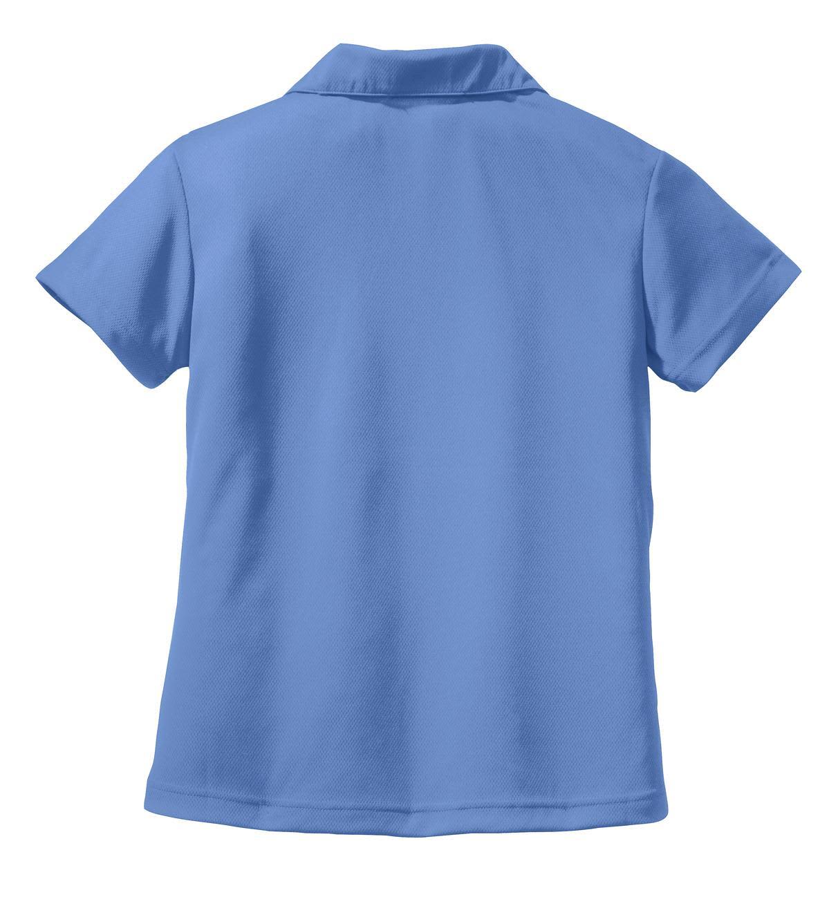A light blue ladies' polo shirt with a V-neck and short sleeves, featuring a collar and a logo.