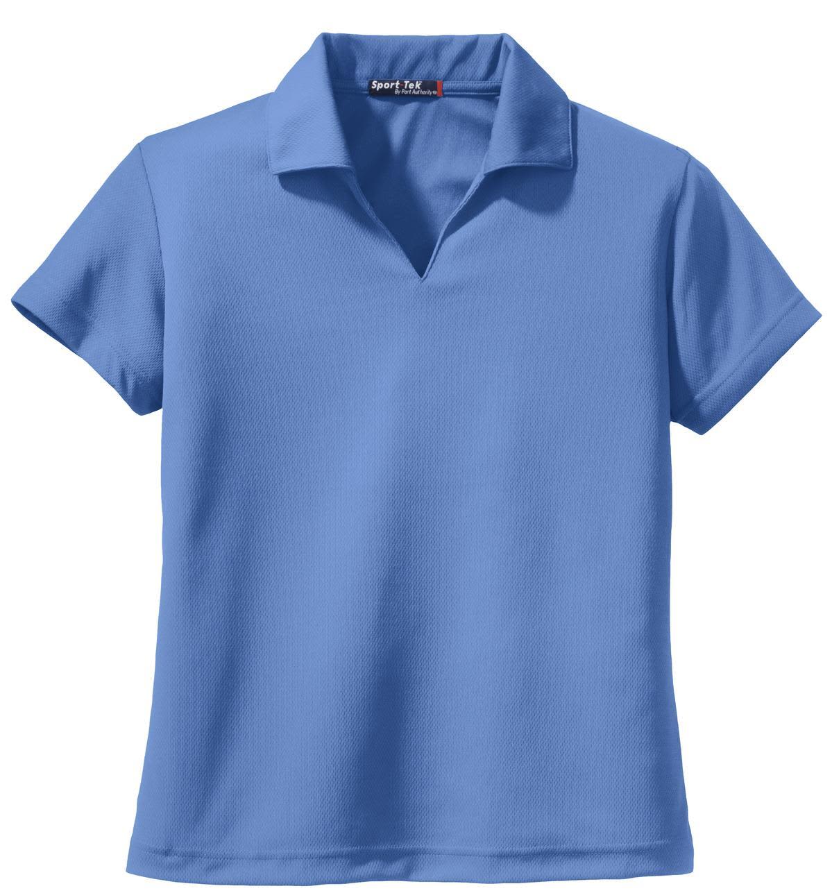 A blue Sport-Tek ladies' Dri-Mesh V-neck polo shirt featuring a collar and short sleeves. It has a brand logo.