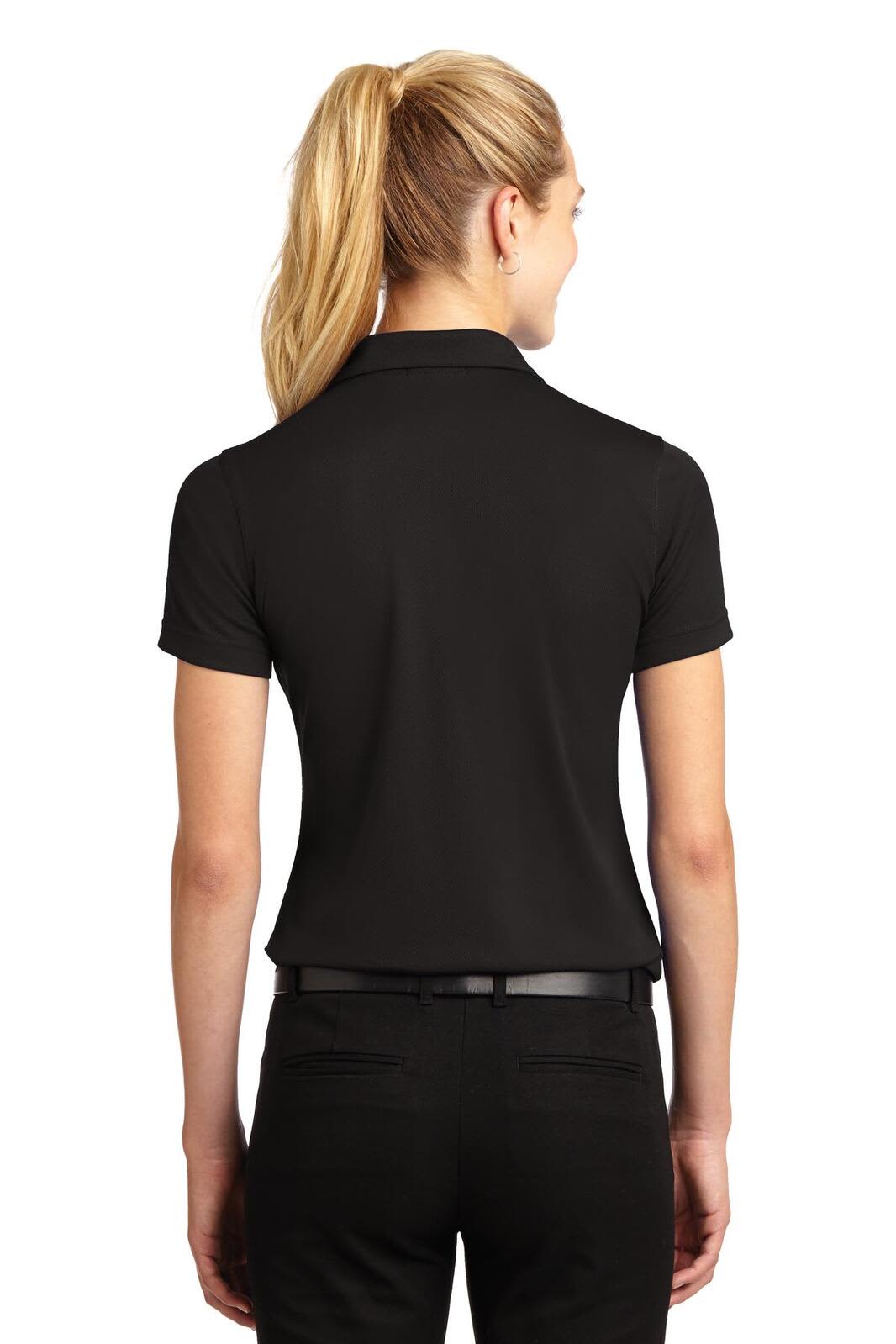 A black Sport-Tek Ladies Dri-Mesh V-Neck Polo shirt with a fitted design, featuring a back view and a logo.