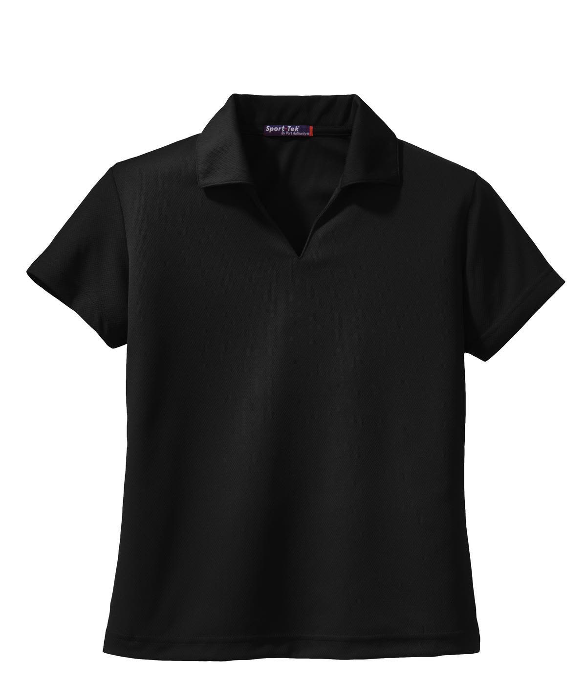 A black Sport-Tek Ladies Dri-Mesh V-Neck Polo featuring a classic collar and short sleeves. It has a logo on the collar.