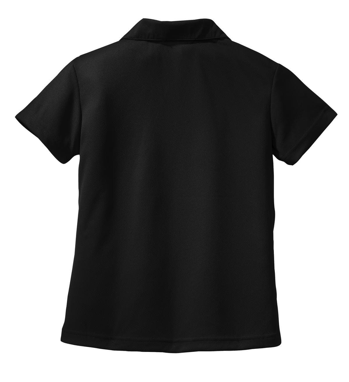 A black Sport-Tek Ladies Dri-Mesh V-Neck Polo with a collar and short sleeves. Features a logo.