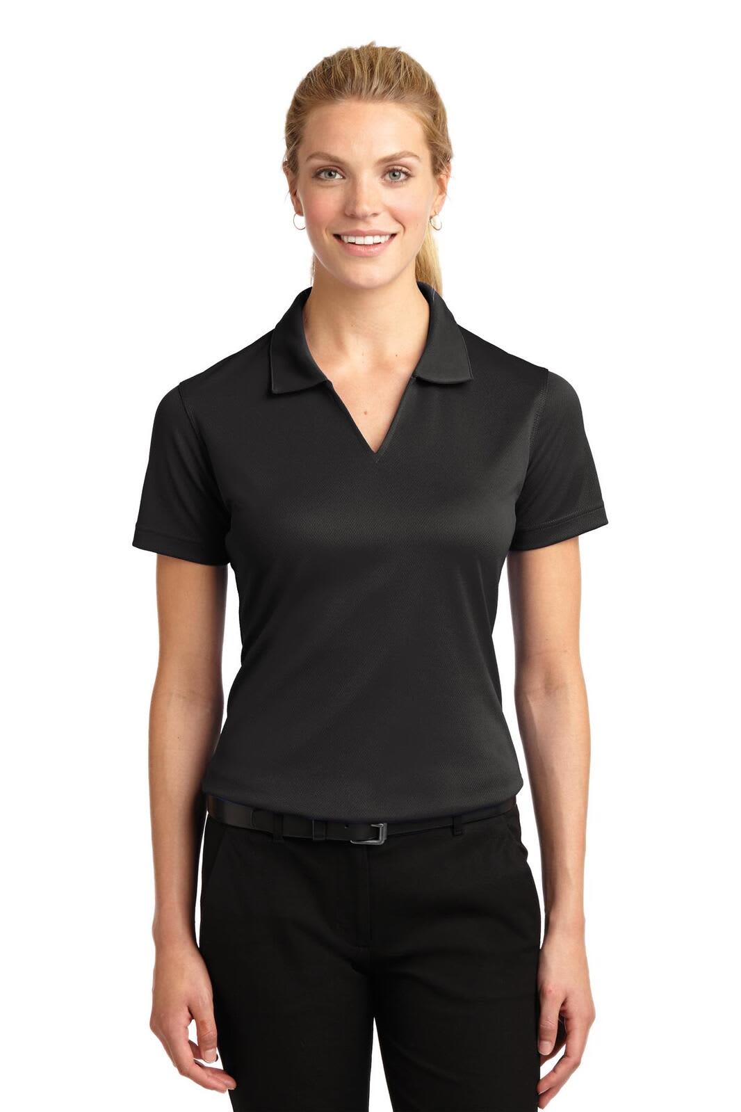 A black Sport-Tek Ladies Dri-Mesh V-Neck Polo shirt with a collar, modelled by a female figure.