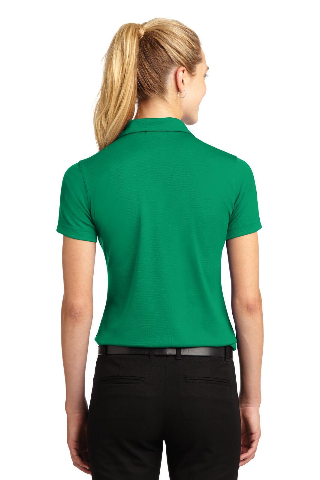 A green Sport-Tek ladies Dri-Mesh V-neck polo shirt, featuring a collar and short sleeves, viewed from the back.