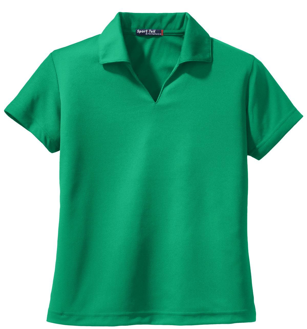 A green Sport-Tek ladies V-neck polo shirt featuring a classic collar and short sleeves. It has a logo.