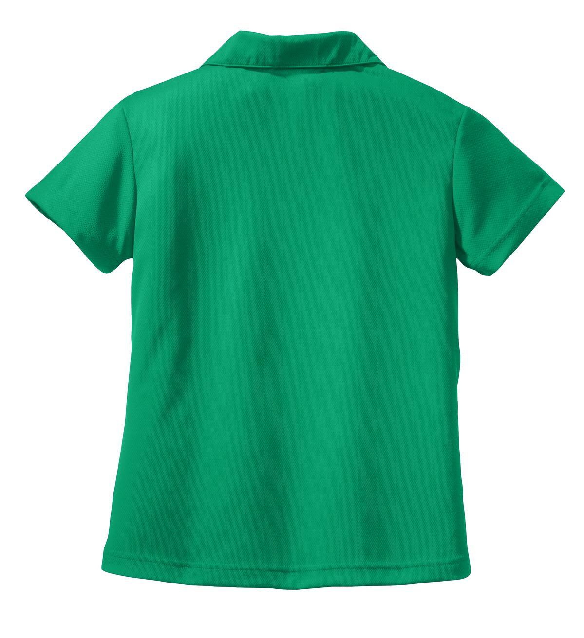 A green Sport-Tek Ladies Dri-Mesh V-Neck Polo with a plain back and short sleeves, featuring a logo.