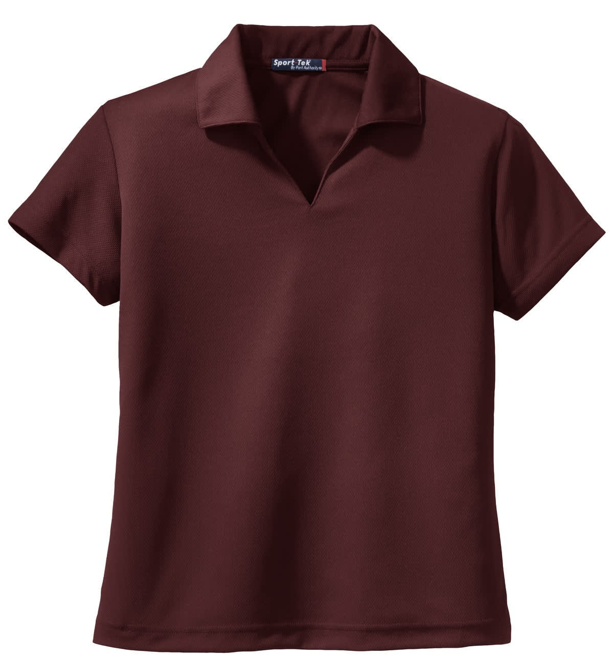 A maroon Sport-Tek Ladies Dri-Mesh V-Neck Polo shirt with a collar and short sleeves. It features a logo.