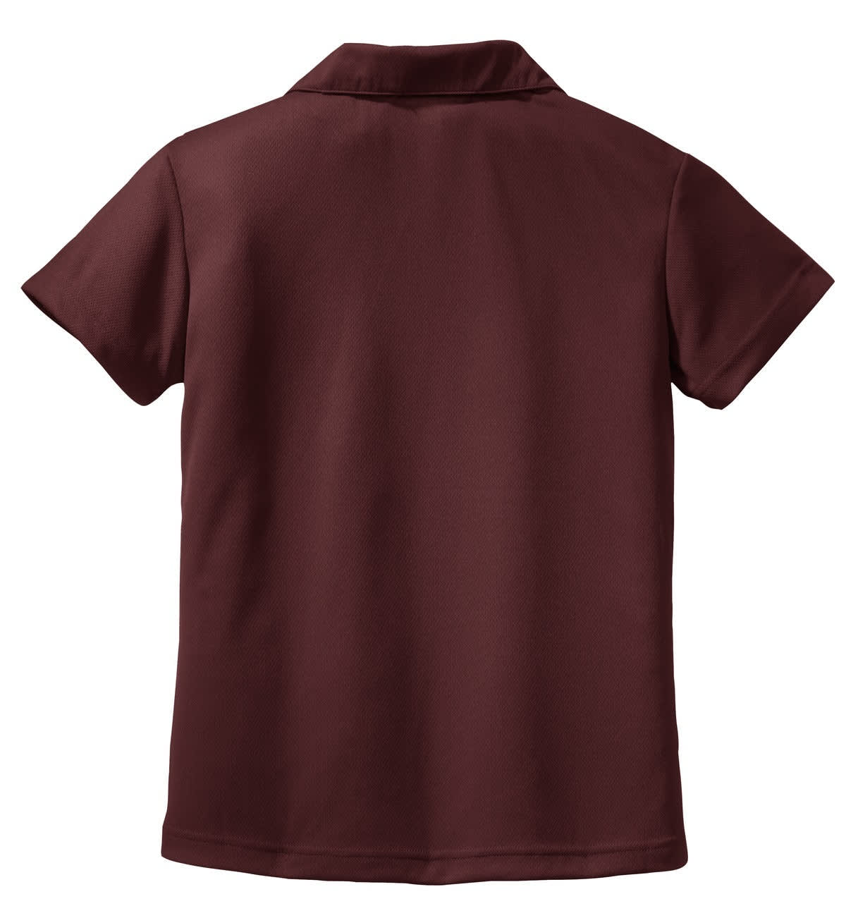 A maroon Sport-Tek Ladies Dri-Mesh V-Neck Polo shirt with a short sleeve design and a collar, featuring a logo.