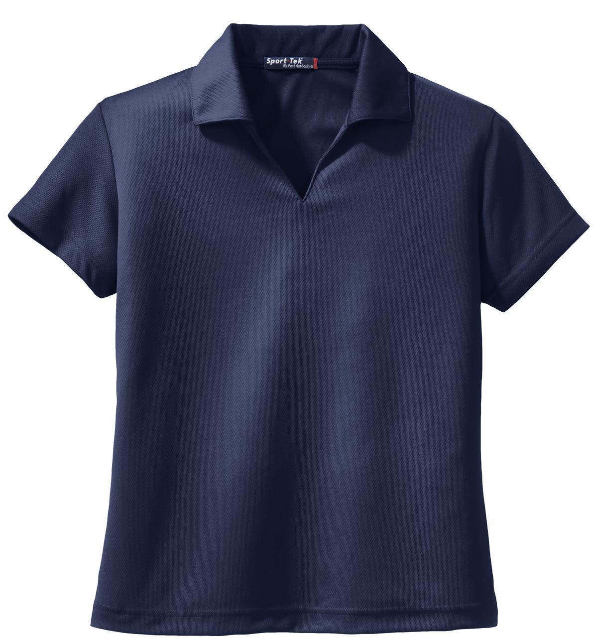A navy blue Sport-Tek Ladies Dri-Mesh V-Neck Polo featuring a collar and short sleeves. It has a logo.