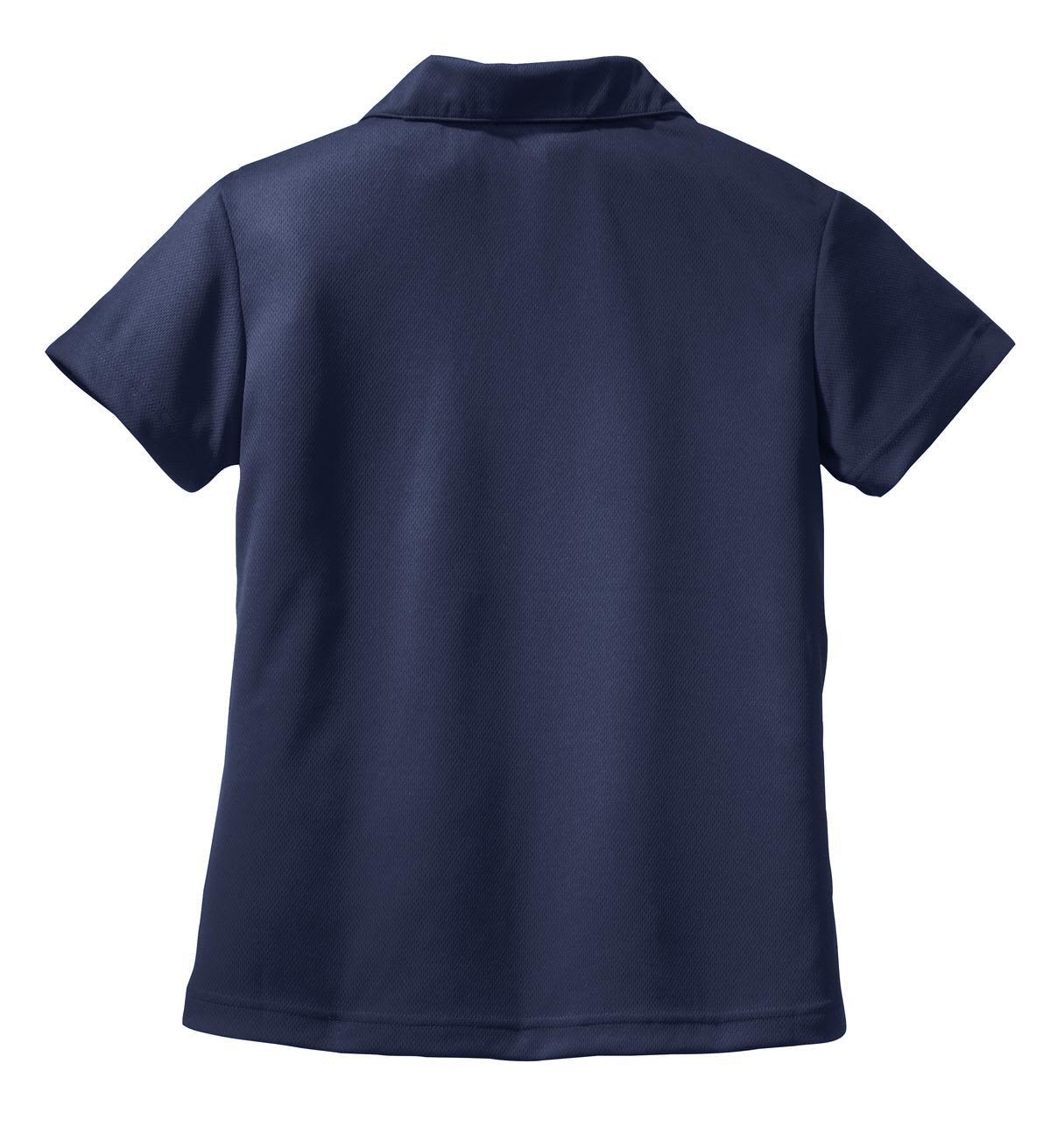 A navy blue polo shirt with a V-neck and short sleeves, featuring a logo on the back.