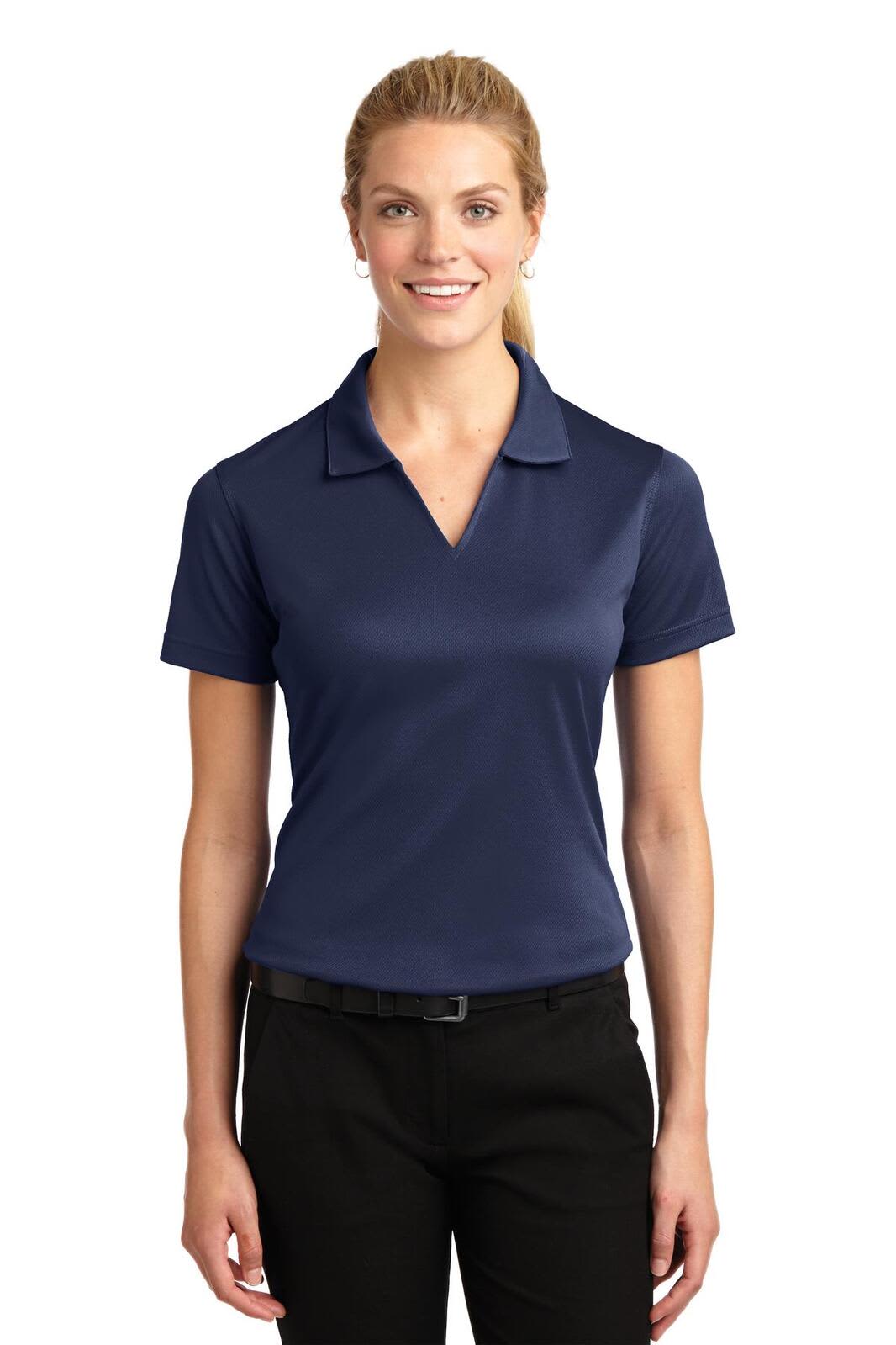 A navy blue women's polo shirt with a V-neck and short sleeves. It features a logo.