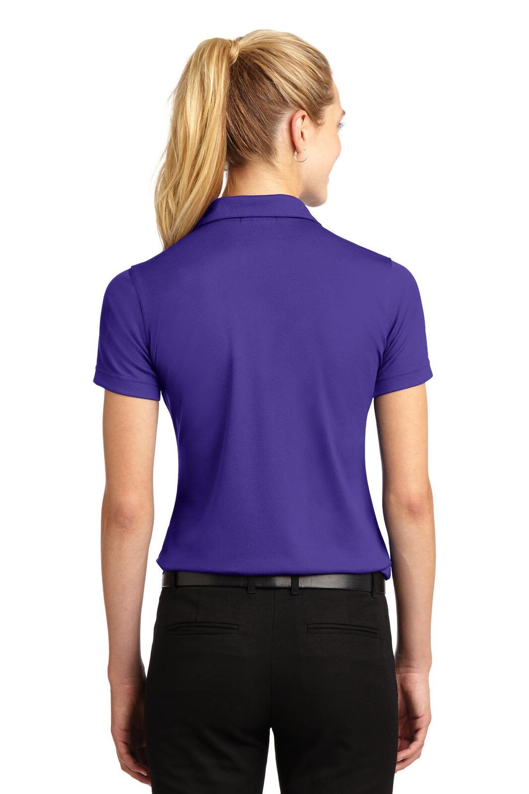A purple Sport-Tek ladies' Dri-Mesh V-neck polo shirt with a back view, featuring a logo.