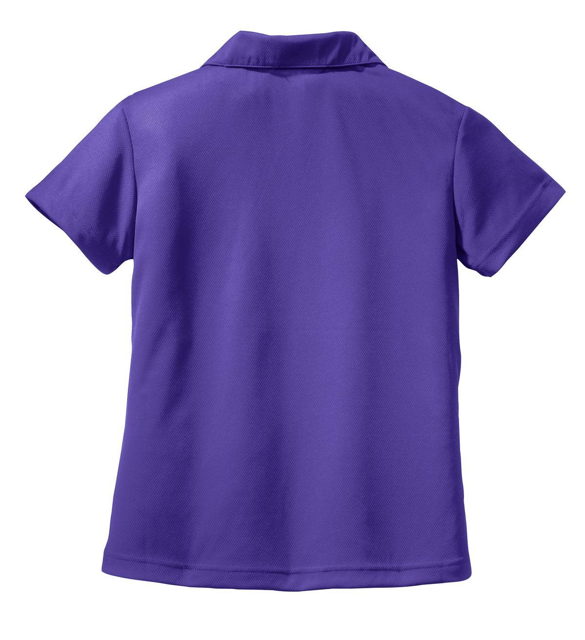 A purple Sport-Tek Ladies Dri-Mesh V-Neck Polo, featuring a collar and short sleeves, with a branding logo.