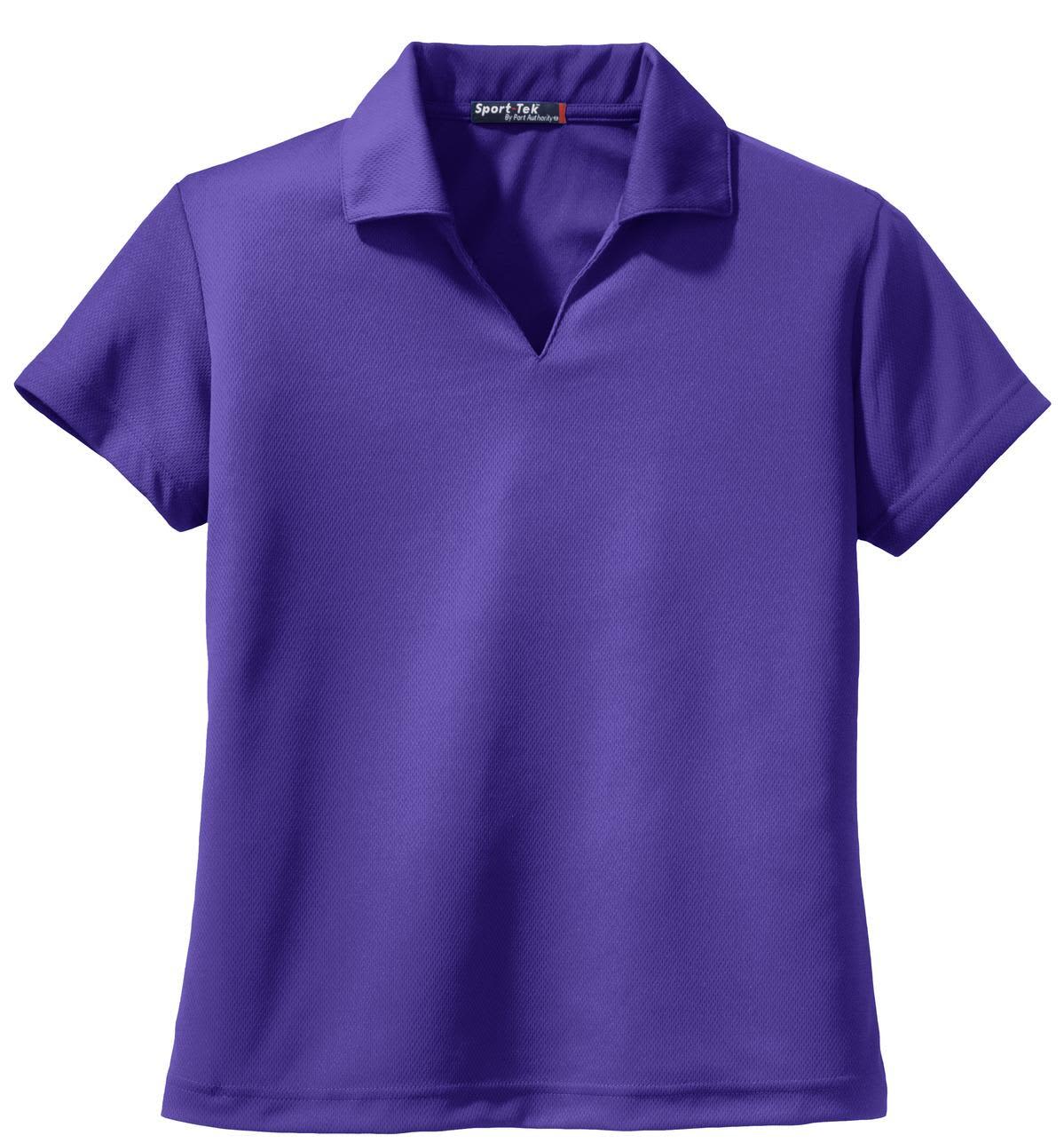 A purple Sport-Tek ladies' Dri-Mesh V-neck polo shirt with a collar and short sleeves. It features a logo.