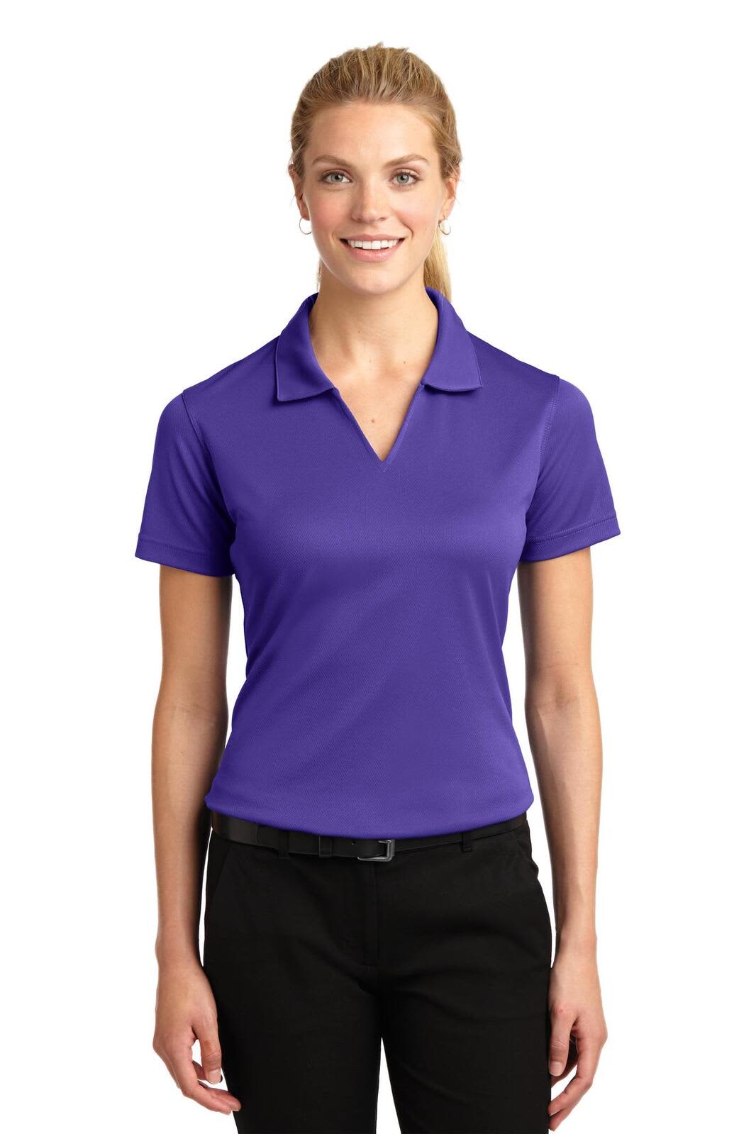 A purple Sport-Tek Ladies Dri-Mesh V-Neck Polo shirt with a collar, featuring a logo on the front.