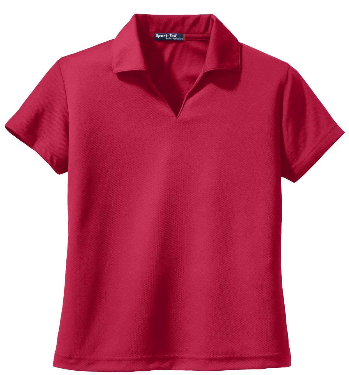A red Sport-Tek ladies Dri-Mesh V-neck polo shirt with a classic collar and short sleeves.