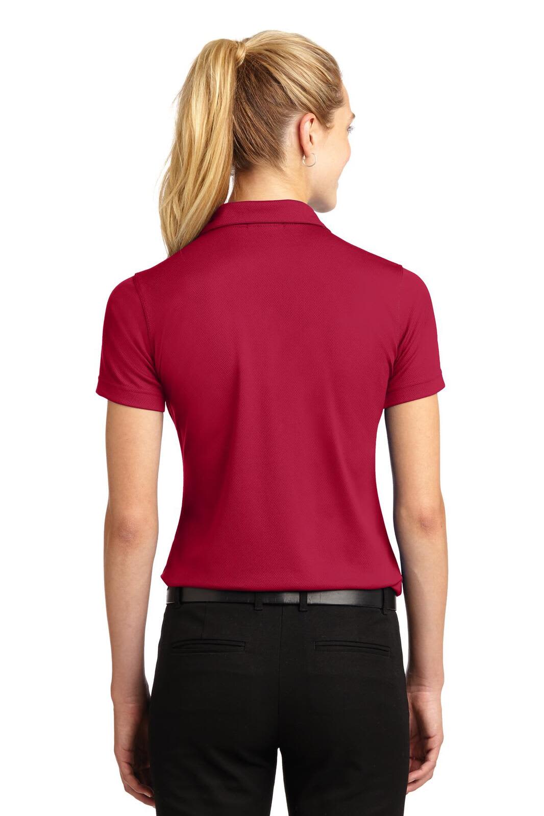 A red Sport-Tek Ladies Dri-Mesh V-Neck Polo shirt, viewed from the back, featuring a logo.