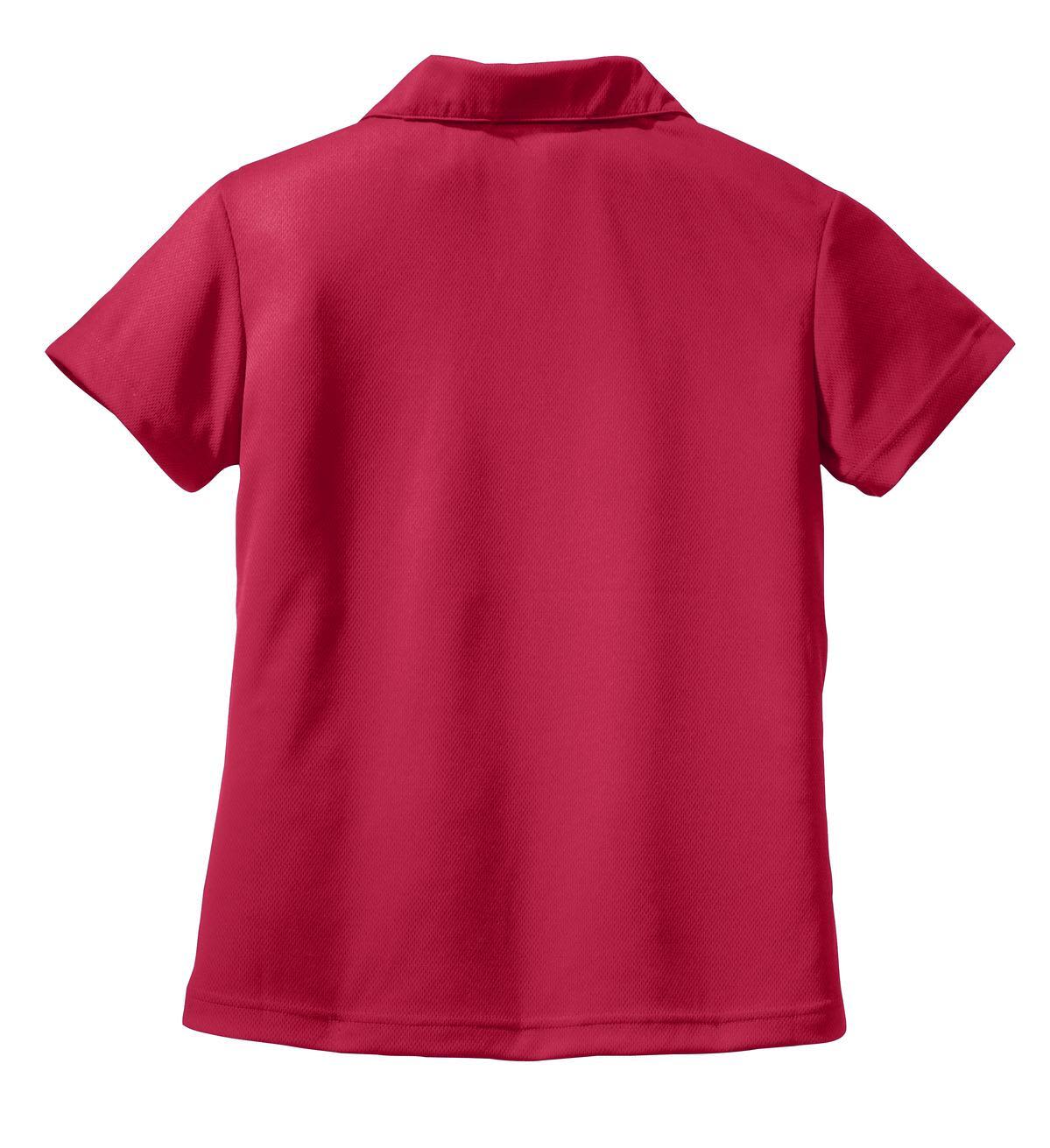 A red Sport-Tek Ladies Dri-Mesh V-Neck Polo shirt with a classic collar and short sleeves, featuring a logo.