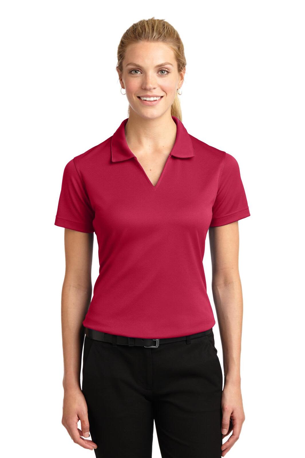 A red Sport-Tek Ladies Dri-Mesh V-Neck Polo with a collar and short sleeves, featuring a logo.