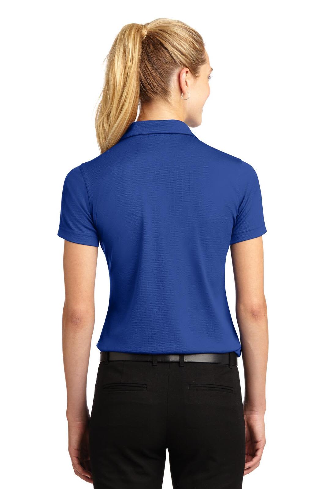 A blue Sport-Tek Ladies Dri-Mesh V-Neck Polo, featuring a collar and a back view of the shirt.