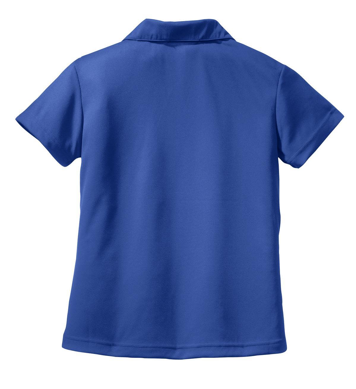 A blue Sport-Tek ladies' Dri-Mesh V-neck polo shirt featuring a back view and a collar design.