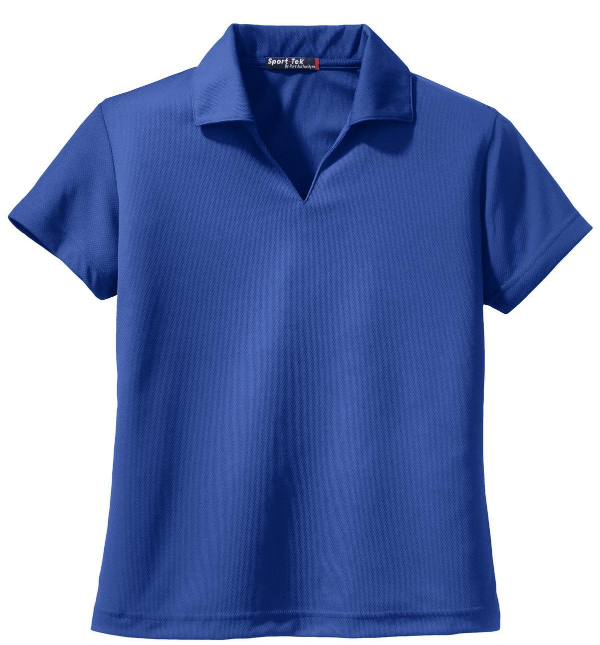 A blue Sport-Tek Ladies Dri-Mesh V-Neck Polo shirt with a collar and short sleeves, featuring a logo.