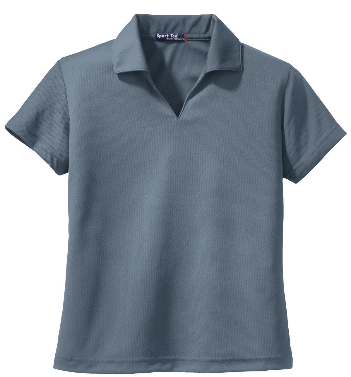 A grey polo shirt with a V-neck and short sleeves, featuring a logo on the collar.